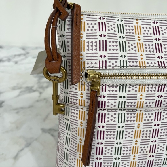 Fossil Fiona Large Crossbody Bag White Colorful Geometric Print - Picture 3 of 11